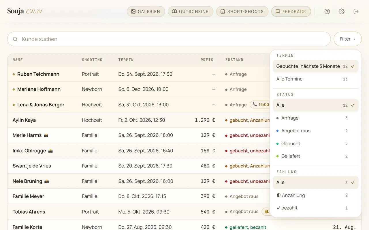 Geöffnetes Filter-Menü der Anfragenliste mit der Auswahl, welche gebuchten Termine erscheinen