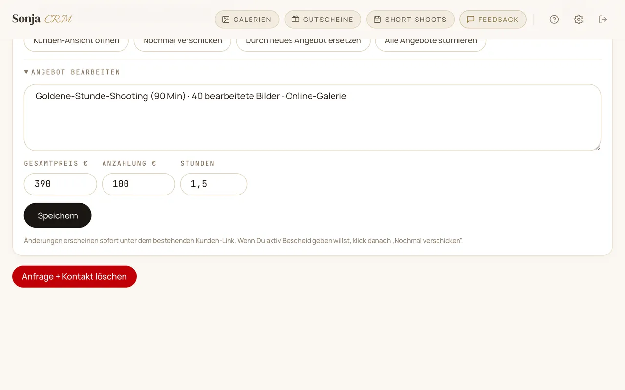 Aufgeklapptes Bearbeiten am Angebot mit Preis, Anzahlung, Stunden und Beschreibung