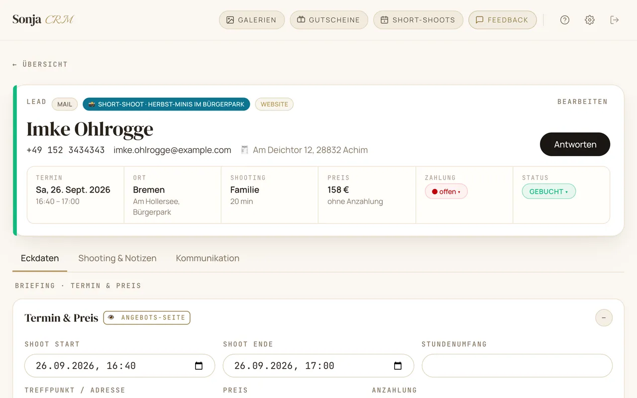 Anfrage aus einer Short-Shoot-Buchung: gebucht, mit Termin, Ort und Preis