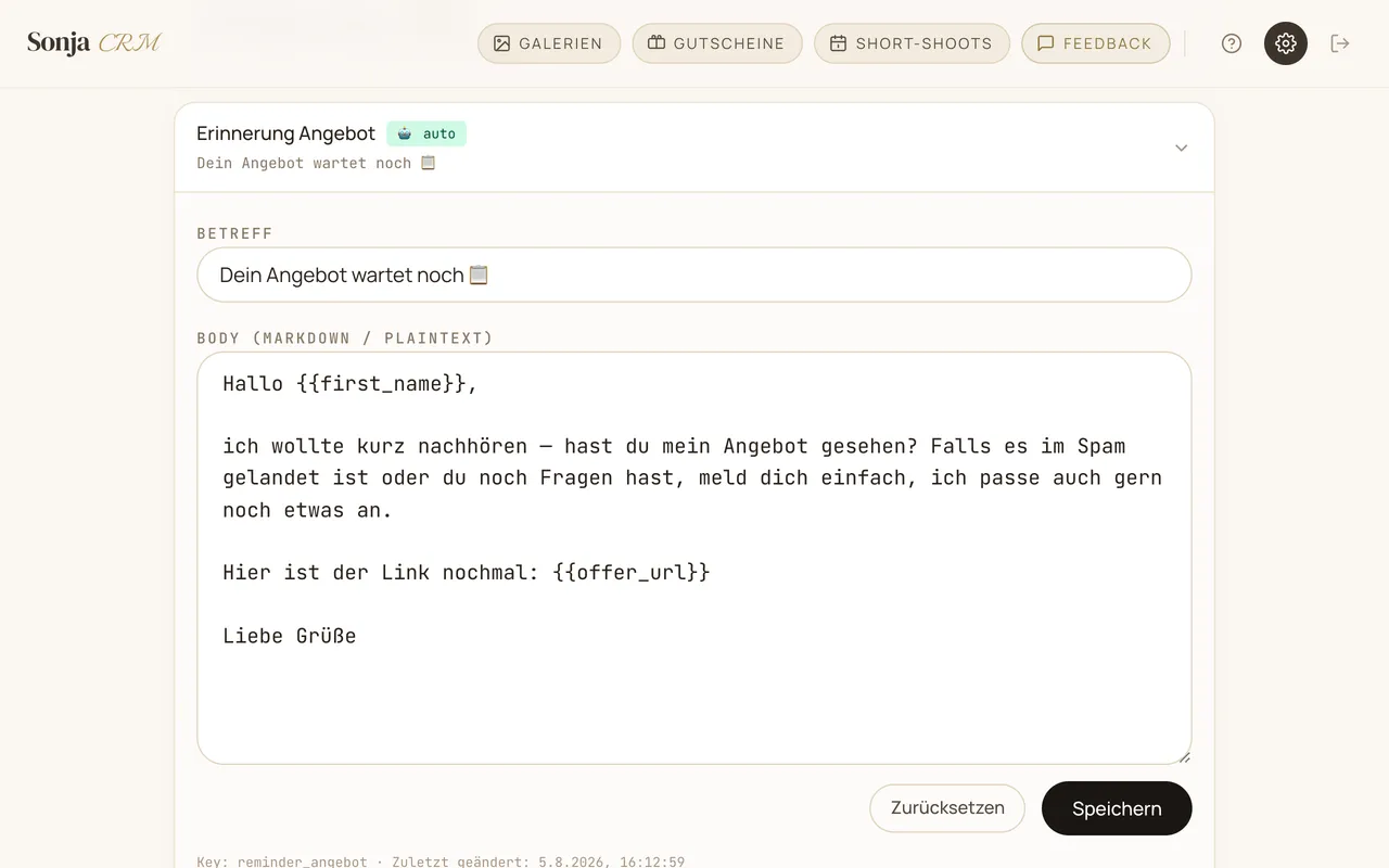 Mail-Vorlage „Erinnerung Angebot" mit Betreff und Text