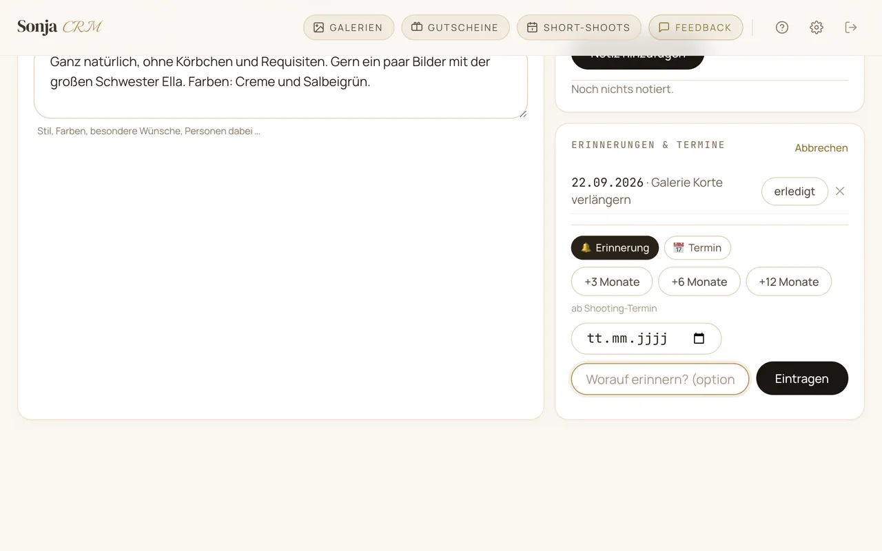 Erinnerungen am Vorgang mit Schnellwahl drei, sechs und zwölf Monate nach dem Shooting