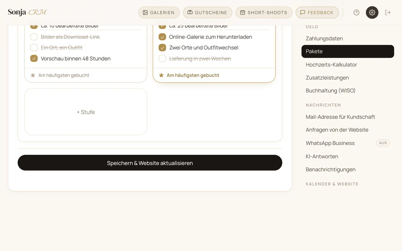 Knopf „Speichern & Website aktualisieren" unter dem Paketkatalog