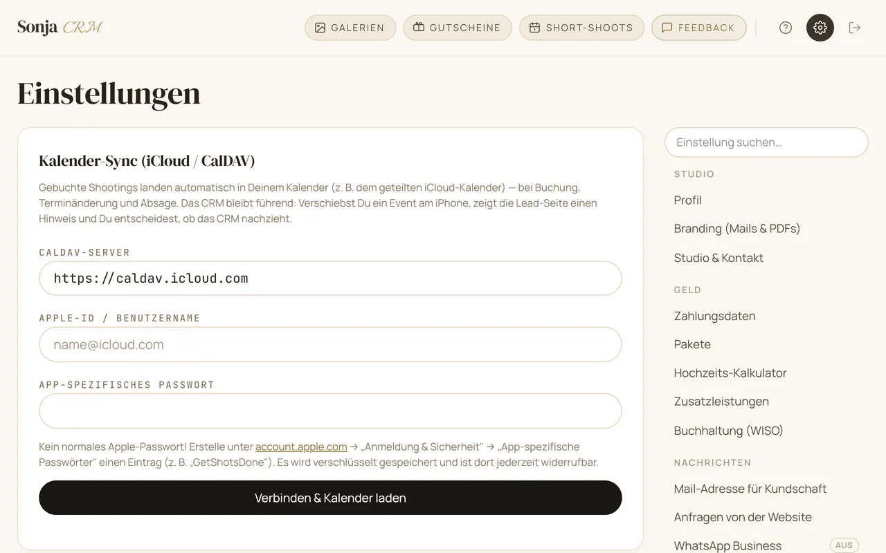 Kalender-Anbindung per CalDAV in den Einstellungen
