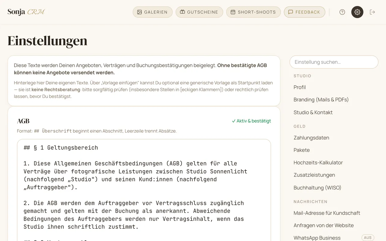 AGB in den Einstellungen, bestätigt und mit Versionsverlauf