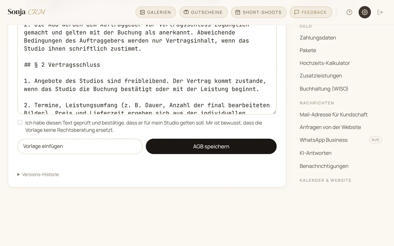 Bestätigung der AGB, ohne die kein Angebot verschickt werden kann