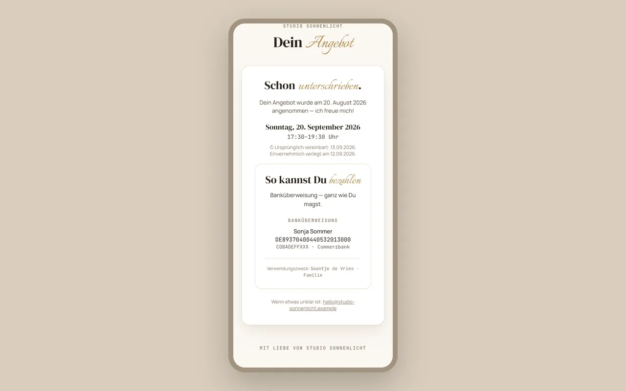 Vertragsseite auf dem Handy mit neuem Termin und dem Vermerk zum ursprünglich vereinbarten Datum
